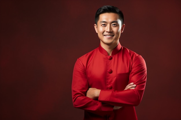 hombre chino guapo vestido con ropa tradicional roja