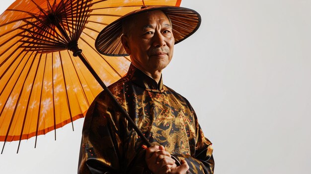 Un hombre chino sostiene un paraguas