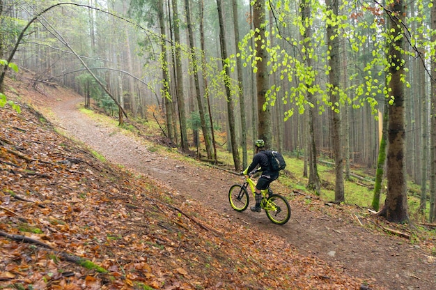 Hombre ciclista en el casco monta en la bicicleta de enduro amarilla en el bosque verde