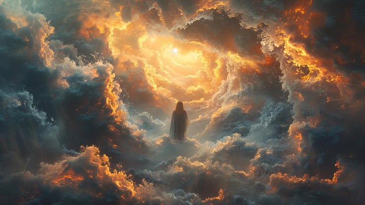 Foto un hombre en el cielo con una estatua en el cielo