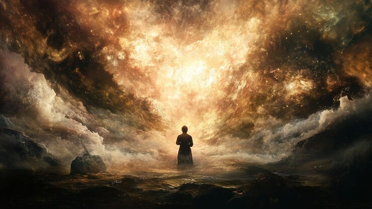 Foto un hombre en el cielo con el sol brillando a través de las nubes