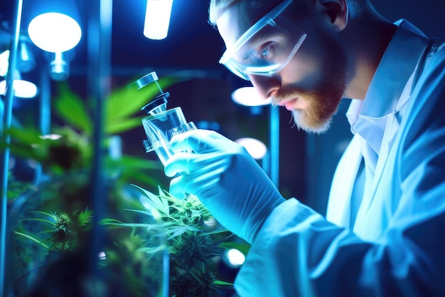 Hombre científico en un laboratorio que investiga la marihuana medicinal que muestra la intersección de la ciencia y la medicina en el creciente campo de la investigación del cannabis IA generativa