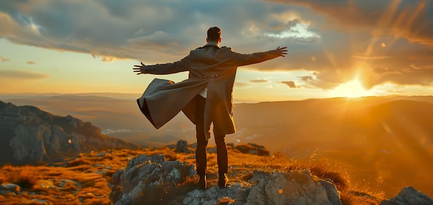 Foto hombre en la cima de la montaña abrazando el amanecer un concepto de triunfo y libertad con vistas expansivas aventura estilo de vida ia