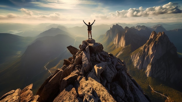 Un hombre en la cima de una montaña con los brazos en alto