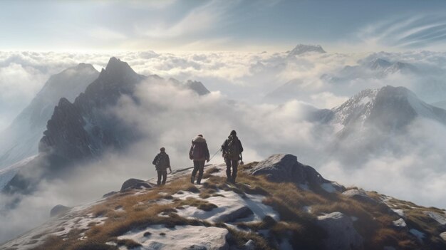 Hombre en la cima de la montaña caminando a través de la fotografía de éxito blanco imagen arte generado por IA