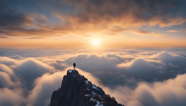 El hombre en la cima de la montaña mira las hermosas nubes.