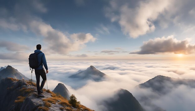 El hombre en la cima de la montaña mira las hermosas nubes.