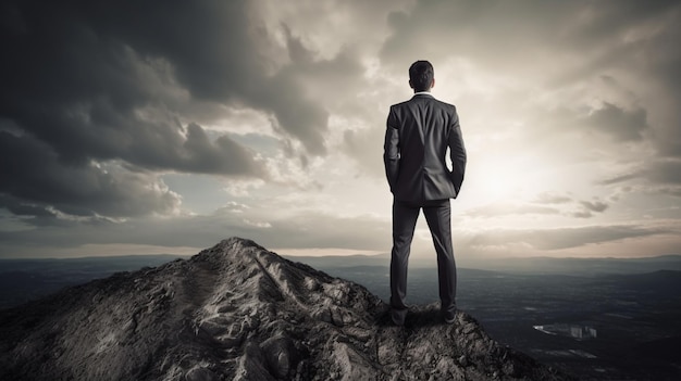 Un hombre se para en la cima de una montaña y mira el horizonte.