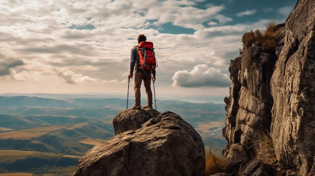 Un hombre se para en la cima de una montaña y mira el horizonte.