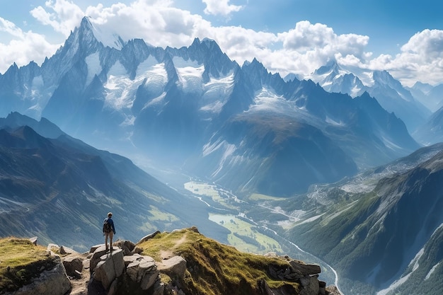 Un hombre se para en la cima de una montaña y mira las montañas a lo lejos.