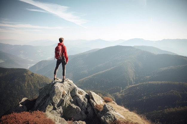 Un hombre se para en la cima de una montaña y mira las montañas.