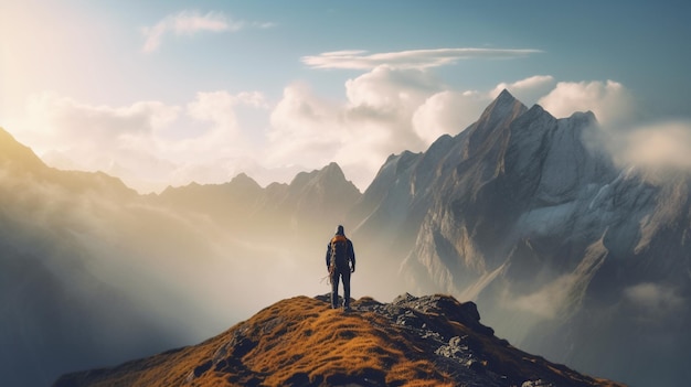 Un hombre se para en la cima de una montaña y mira las nubes.