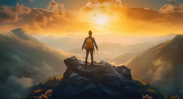 Un hombre se para en la cima de una montaña y mira la puesta de sol.