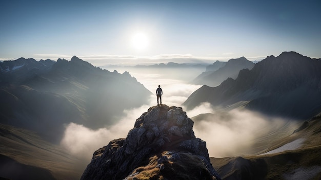 Un hombre se para en la cima de una montaña mirando las montañas de abajo.