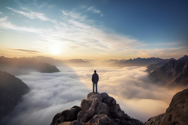 Un hombre se para en la cima de una montaña mirando las nubes debajo de él.