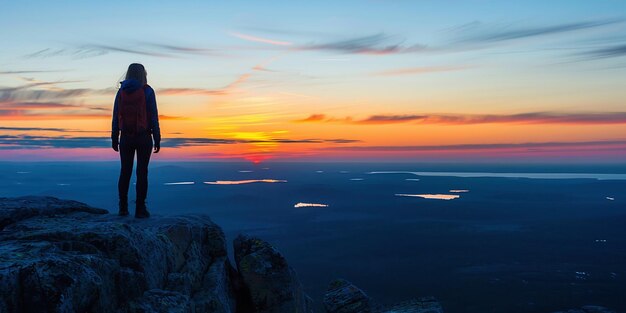 Foto hombre en la cima de una montaña mirando el paisaje brumoso a su alrededor siéntase libre