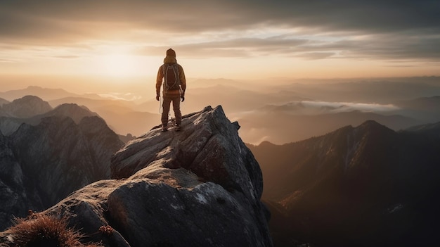 Un hombre se para en la cima de una montaña mirando la puesta de sol.