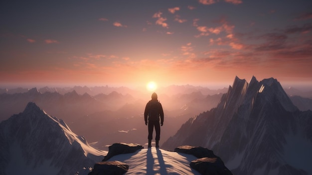 Un hombre se para en la cima de una montaña mirando el sol.