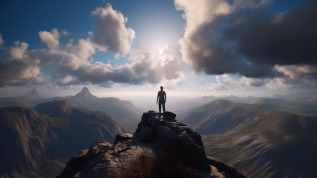 Un hombre se para en la cima de una montaña mirando el sol.