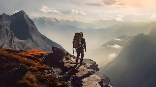 Un hombre se para en la cima de una montaña con una mochila en la espalda.