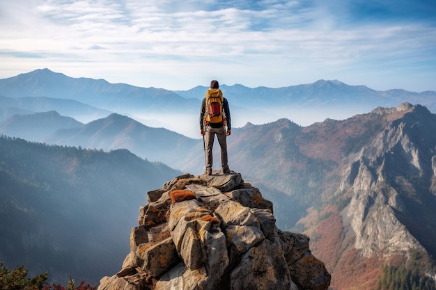 Foto un hombre se para en la cima de una montaña con una mochila y mira las montañas.