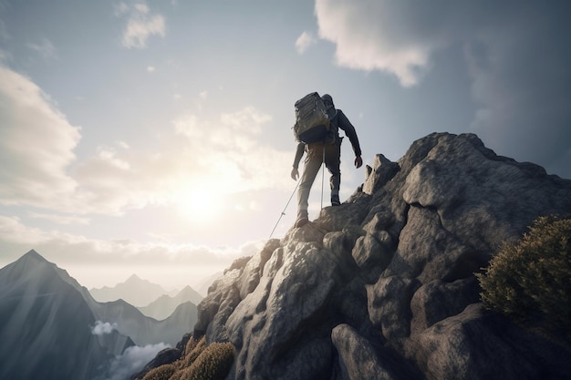 Un hombre se para en la cima de una montaña con una mochila y un perro encima.