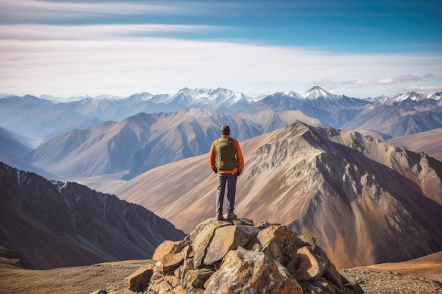 Un hombre se para en la cima de una montaña tibetana y mira las montañas.