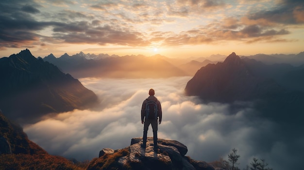 un hombre en la cima de una montaña con vistas a las nubes y el amanecer