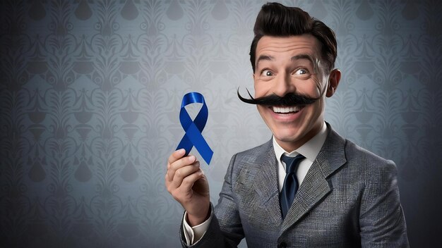 Hombre con cinta azul con bigote para apoyar Movember