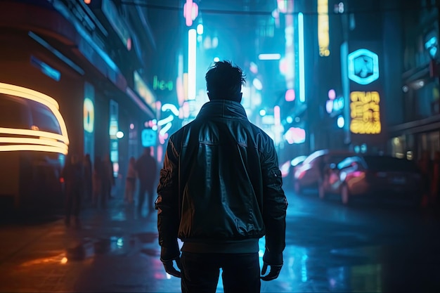 Un hombre se para en una ciudad cyberpunk Calle vacía con luces de neón brillantes IA generativa