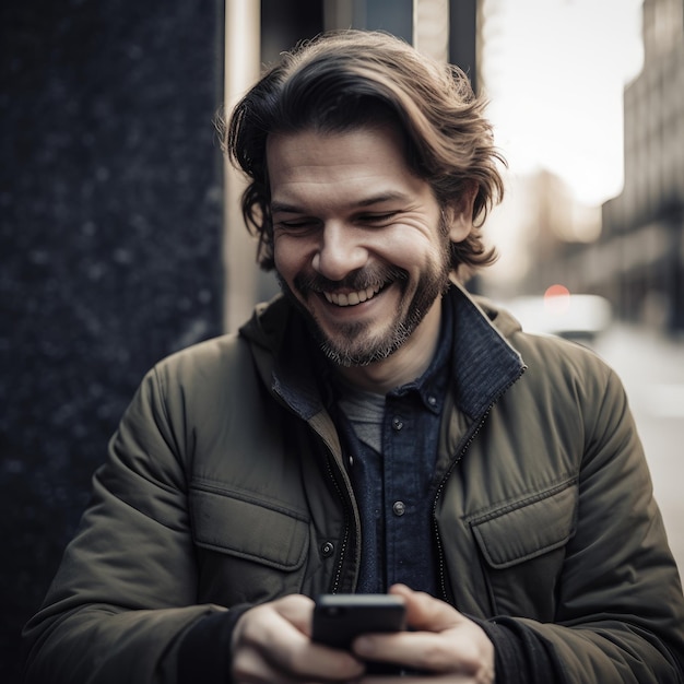 hombre de la ciudad sonriendo al teléfono