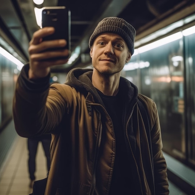 Hombre de la ciudad tomando un Selfie público