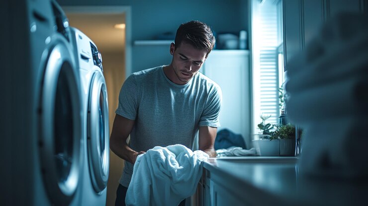 Hombre clasificando la ropa en una encimera en un entorno minimalista Organización práctica del hogar
