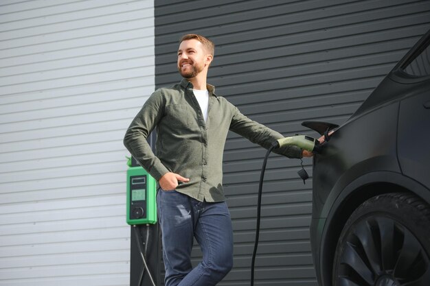 un hombre cobra un coche eléctrico