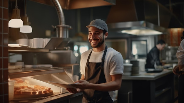 El hombre se para en la cocina contra un fondo de pizza y un horno.