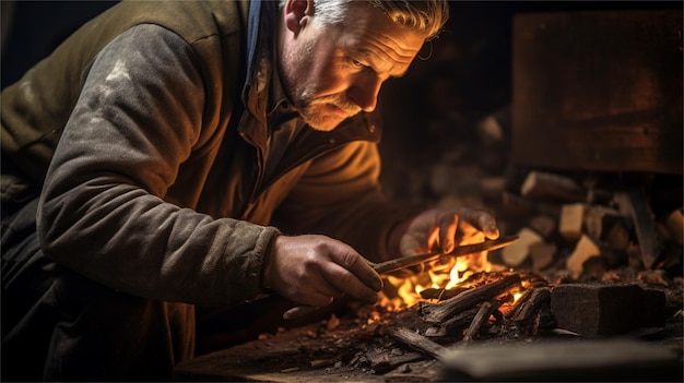 Un hombre cocina un fuego en una chimenea.