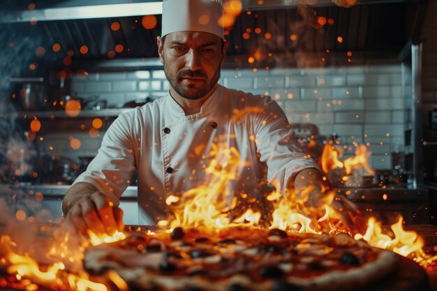 Foto un hombre cocina pizza que él mismo hace generativo ai