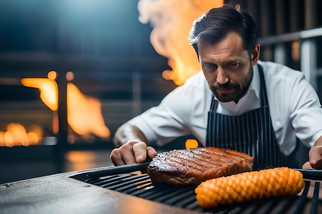 un hombre cocinando un bistec junto al fuego