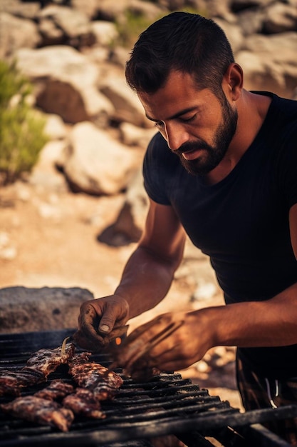 hombre cocinando carne en la barbacoa