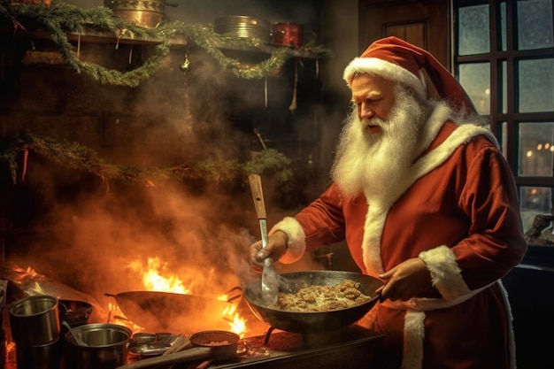 Un hombre cocinando en una cocina con un sombrero de santa claus.