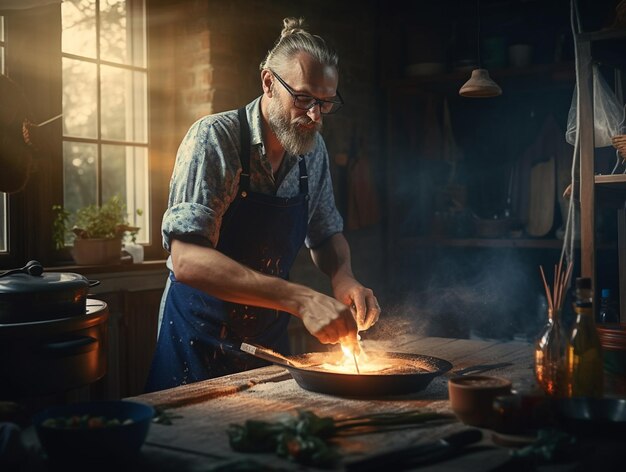 Un hombre cocinando en una cocina con una ventana detrás de él