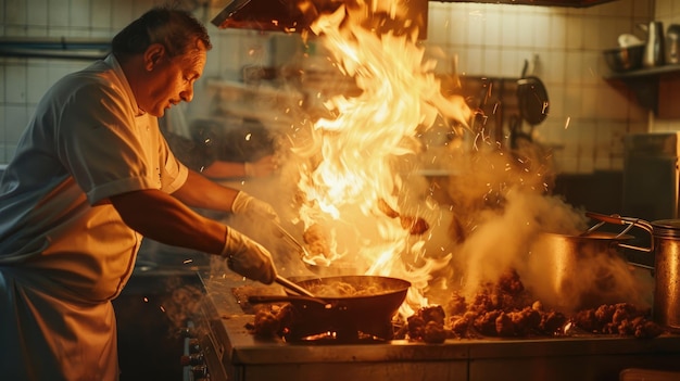 Un hombre cocinando comida en una estufa en una cocina adecuado para conceptos culinarios y de cocina