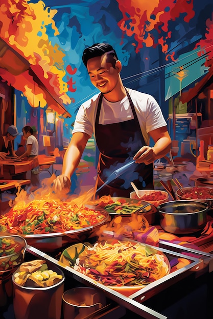 un hombre cocinando comida con un fuego al fondo