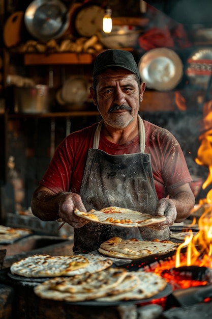 Hombre cocinando comida sobre el fuego en la cocina