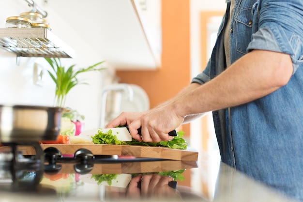 Hombre cocinando y cortando verduras para el almuerzo