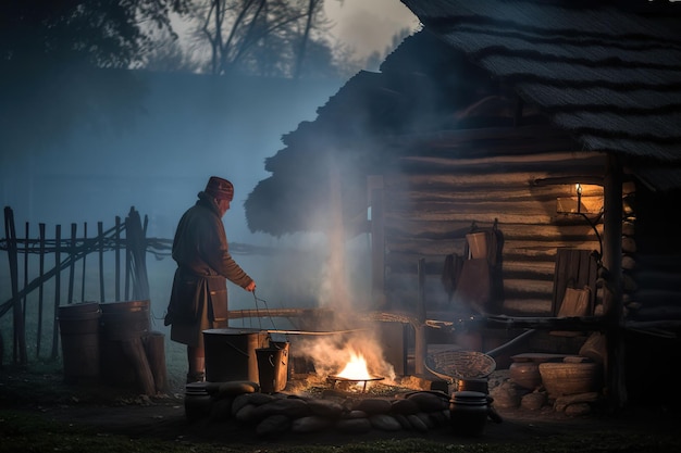 Un hombre cocinando en un fuego de campamento por la noche.