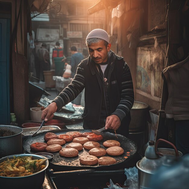 Un hombre cocinando hamburguesas en una sartén Ai generativo