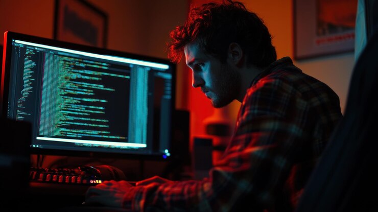 Foto hombre codificando tarde en la noche en una habitación con poca luz