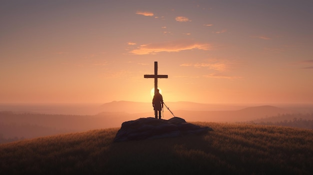 Un hombre se para en una colina con una cruz al fondo.