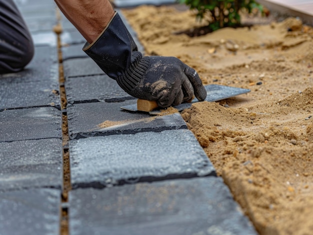 Un hombre coloca con habilidad piedras de pavimentación en el suelo de una manera precisa para crear un camino